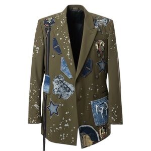 Stylish Olive Blazer with Denim Patches